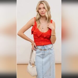 Blu Pepper Crotchet Red Ruffled Buttoned Tank Top